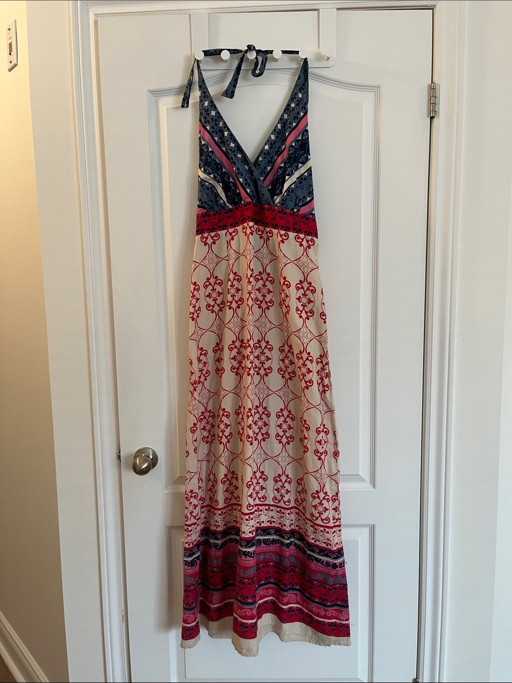 Style & Co. Halter Maxi Dress in Navy, Red and Cream